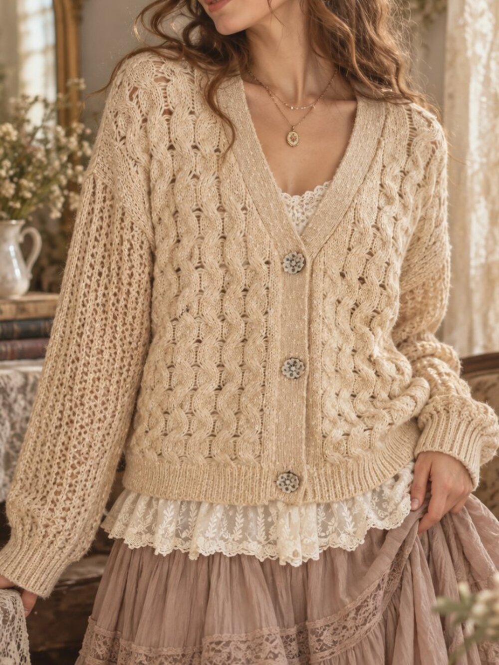 POL Cream Cable Knit Lace Hem Cardigan Cottagecore Boho Sweater S